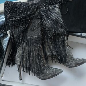 INC International Concepts Black and Silver Fringe Rhinestone Stiletto Boots